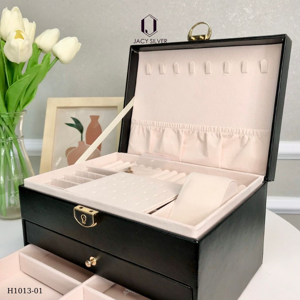 Hộp da đựng trang sức nắp trần chỉ trám cao cấp, hộp 3 tầng đựng dây chuyền, nhẫn, khuyên tai, lắc tay, đồng hồ H1013