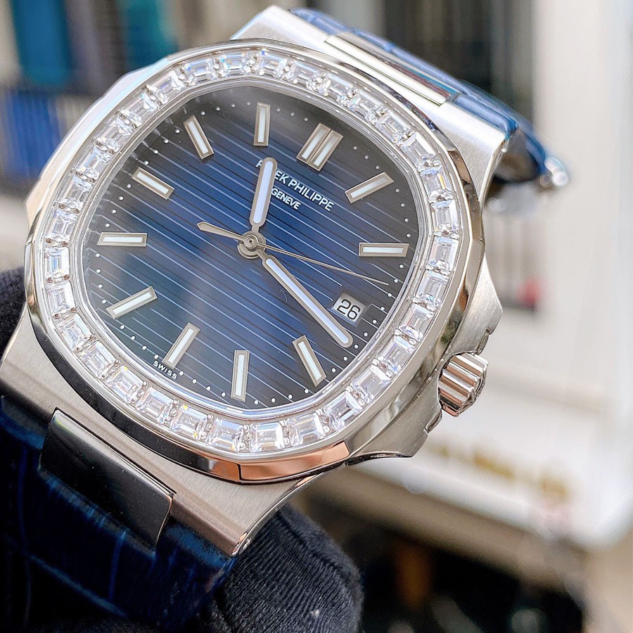 Đồng hồ Nam PT Philip máy nhật, mẫu mặt vuông đính đá màu xanh viền trắng, dòng cơ Automatic size 41mm-42mm