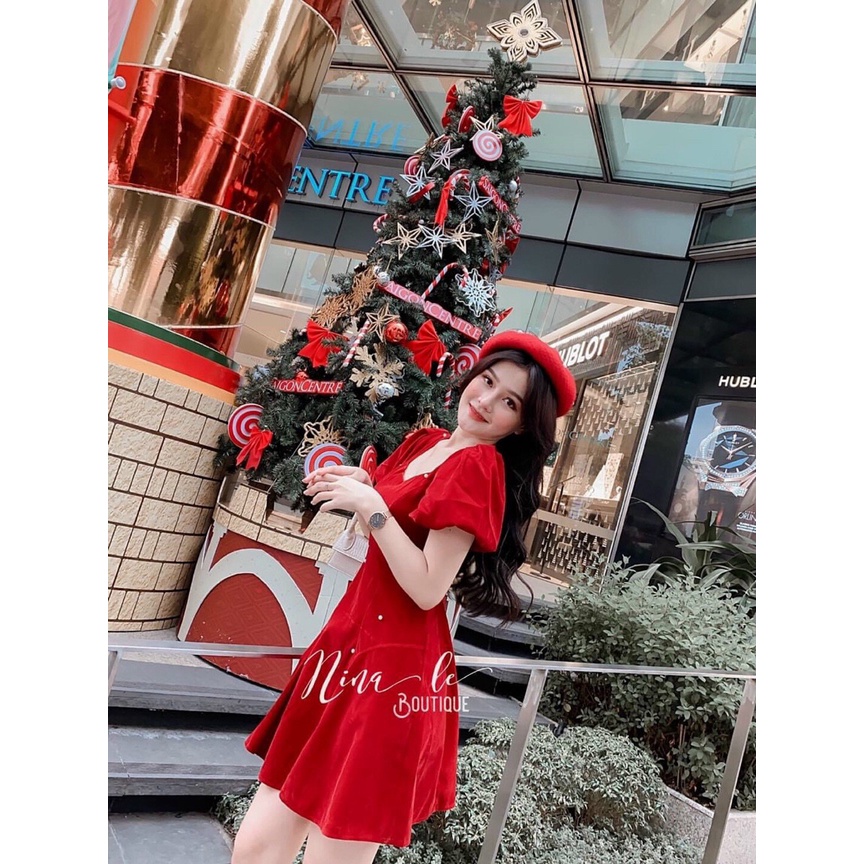 Đầm đỏ đính cườm tay phồng thời trang