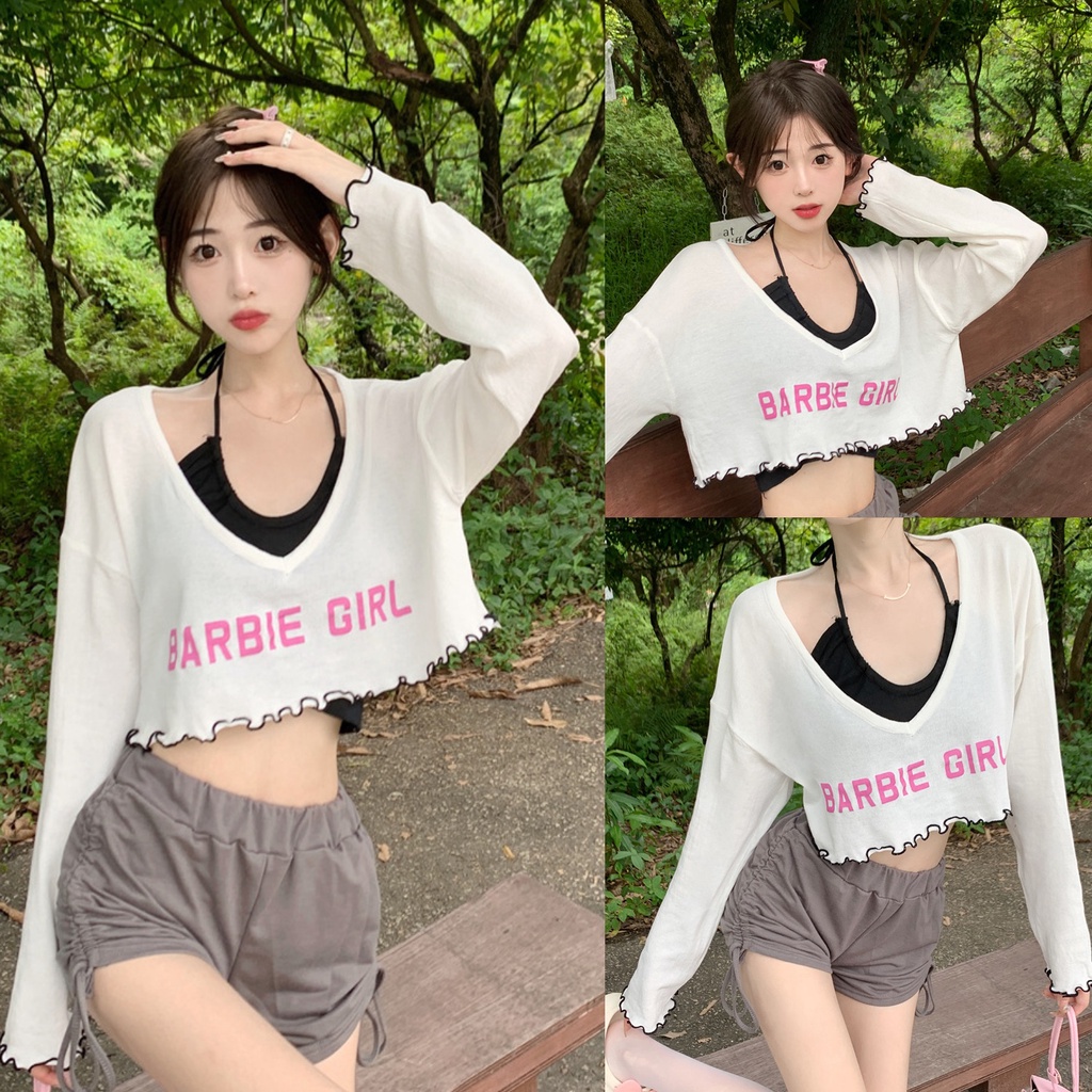 SA007 set 2 món croptop BarBie Girl dài tay trắng áo yếm trong Bộ áo thun phông ngắn ngắn hè thu đi chơi đi biển trẻ tru