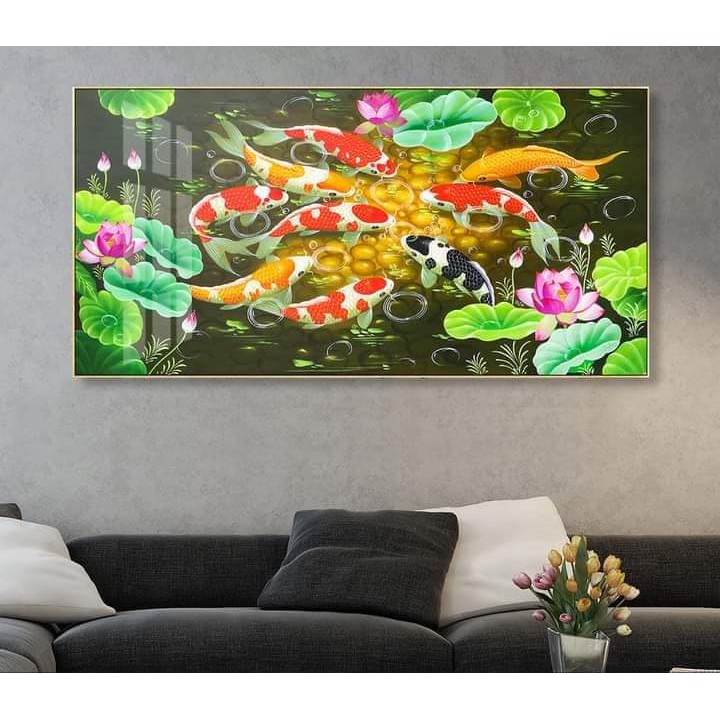 Tranh tráng gương, phong thủy mã đáo thành công cửu ngư quần hội, loại treo tường rẻ bền đẹp