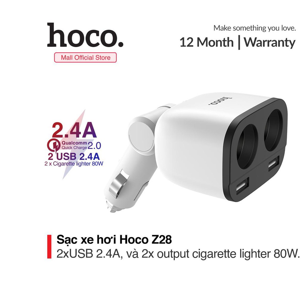 Sạc Ô Tô Hoco Z28 - 2 Cổng USB - Màn Hình Đèn Led Thông Minh - Nhà phân phối chính thức