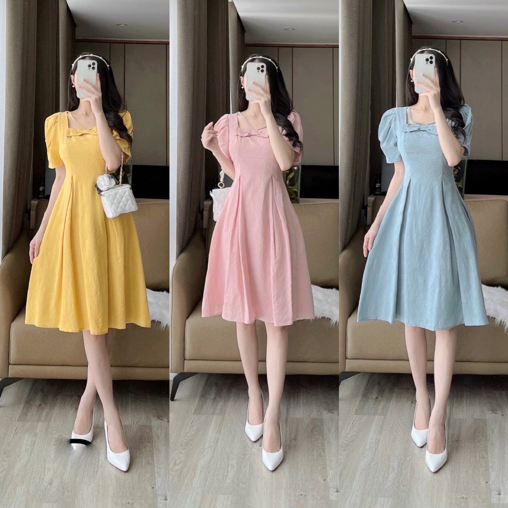 Đầm xoè bảy mảnh nơ ngực , hàng thiết kế cao cấp 2 lớp