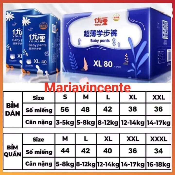 Tã Bỉm Dán/Quần YOULI XANH Đủ Size S56/M48/M44/L42/XL40/XXL36/XXXL34