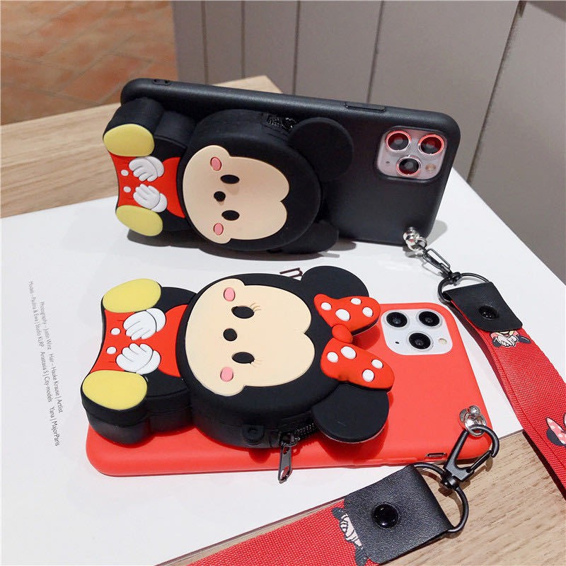 Ốp điện thoại in hình chuột Mickey Minnie có ví và dây đeo cho iPhone 13 12 11 Pro Max X XS Max XR 6 6S 7 8 Plus