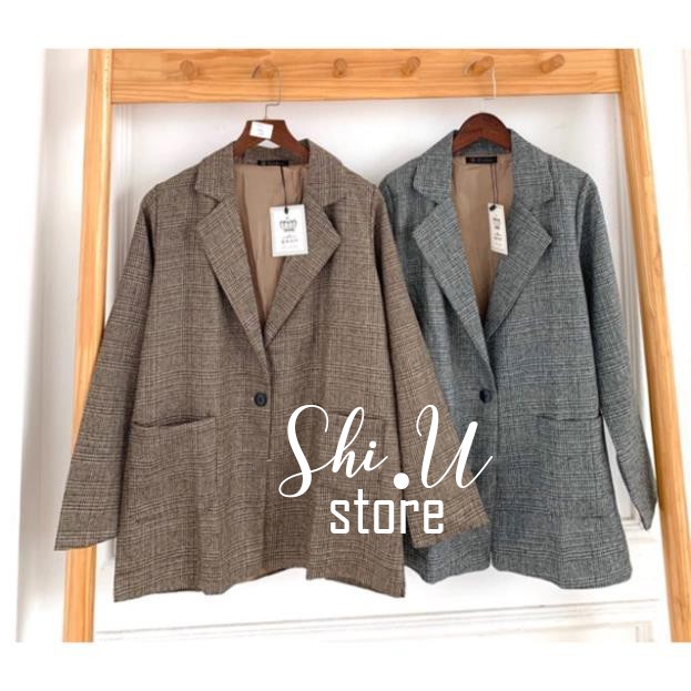 Áo Khoác Nữ Áo Blazer Nữ Chất Dạ Kẻ Ô Dáng Rộng 2 Lớp Dày Dặn Phong Cách Hàn Quốc