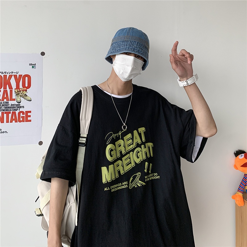 Áo thun tay ngắn cổ tròn dáng rộng in chữ phong cách Hàn Quốc size S-8XL cho nam