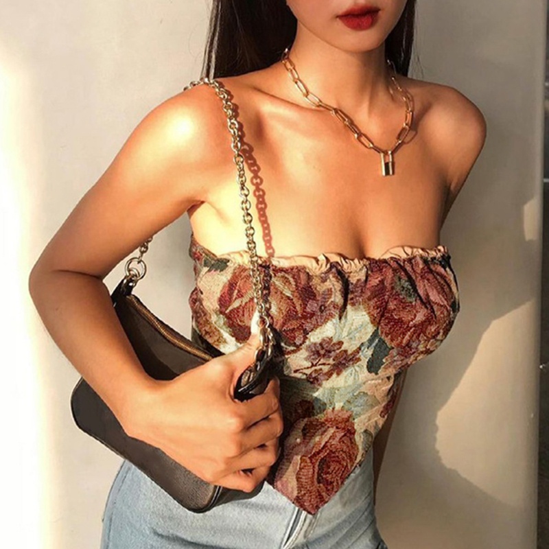 Áo ống không tay hở lưng họa tiết hoa hồng phong cách vintage gợi cảm cho nữ