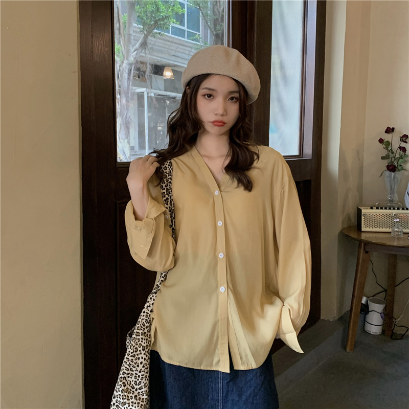 Áo Sơ Mi Dài Tay 171210Áo Sơ Mi Nữ Tay Dài Cổ Chữ V Màu Sắc Thanh Lịch