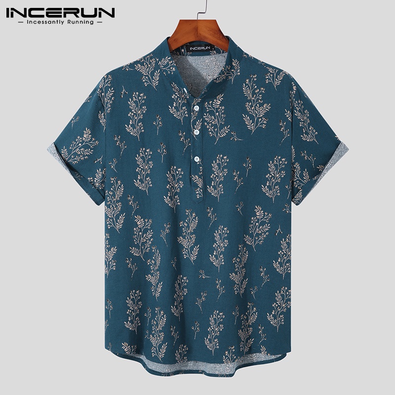 Áo kiểu INCERUN tay ngắn cotton in họa tiết phong cách vintage cá tính thời trang cho nam