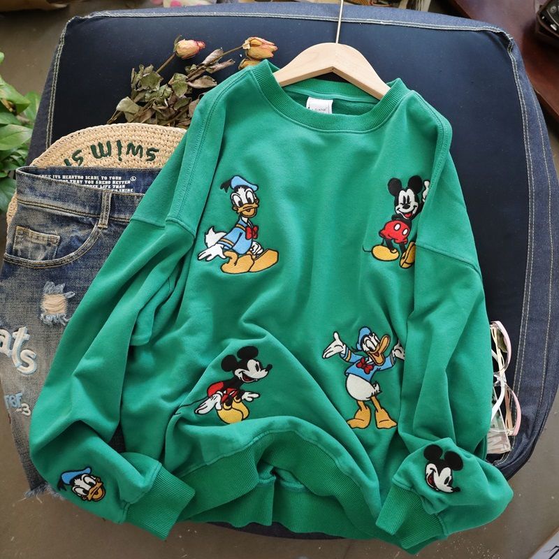 Áo Sweater Tay Dài Mỏng Thêu Họa Tiết Sọc Chuột Mickey Vịt Donald Thời Trang Xuân Thu Mới Cho Nữ