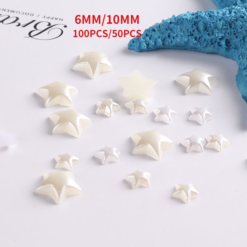 50/100 Phụ kiện trang trí điện thoại hình ngôi sao năm cánh đính ngọc trai giả 6/10mm màu trắng/be