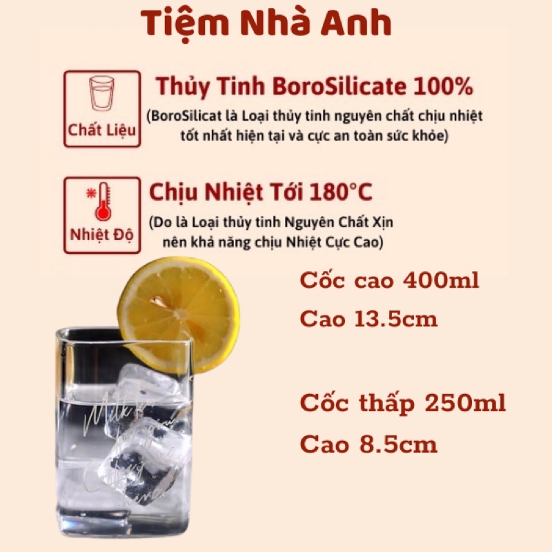 Ly Thủy Tinh Vuông, Cốc Thủy Tinh Vuông Chịu Nhiệt Uống Nước Pha Trà Ca Phê Decor 250ml 400ml