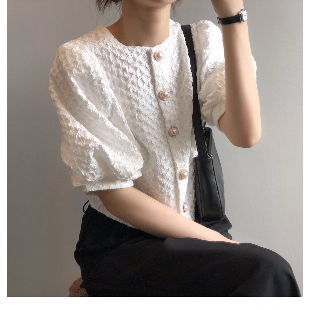 Áo sơ mi SUXI tay phồng ngắn dáng rộng phong cách Hàn Quốc thời trang mùa hè cho nữ