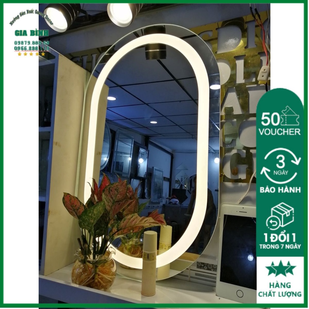 Gương oval hình con nhộng đèn led viền trong ánh sáng trắng vàng treo tường phòng tắm bàn trang điểm phòng ngủ