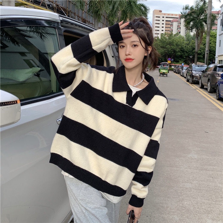 Happy-store ❤️ Áo Sweater Tay Dài Cổ Bẻ Phong Cách Retro Hàn Quốc Thời Trang Cho Nữ