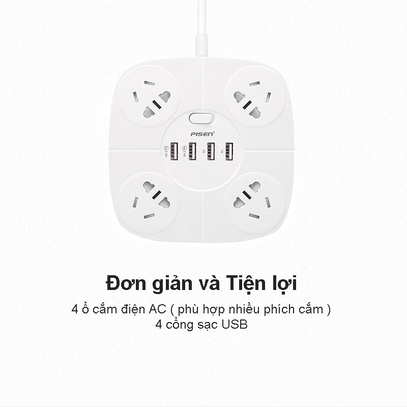 Ổ cắm điện Pisen KY-44 (4USB, 4AC)