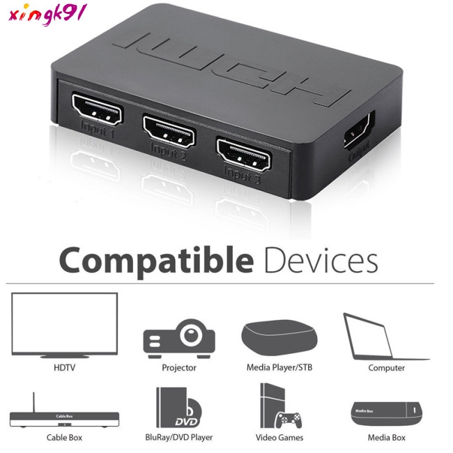 Hộp chia 3 cổng HDMI 1080p HD đa dụng có remote điều khiển