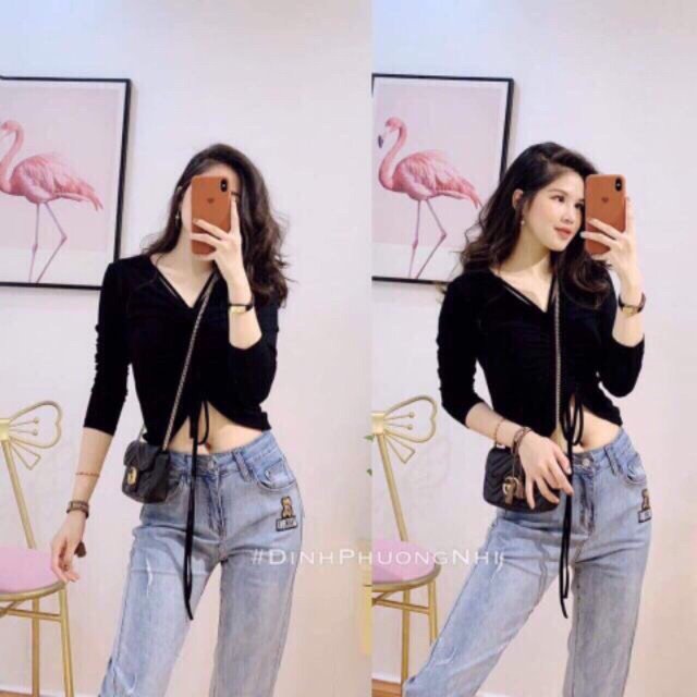 Áo croptop phối dây rút ngực dài tay