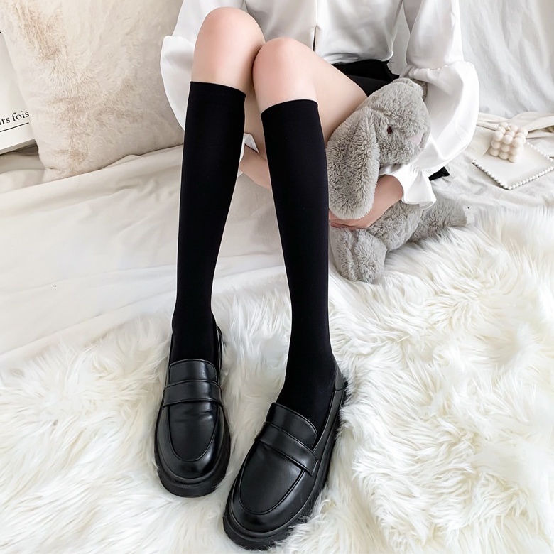 Tất Lolita Dáng Cao Cổ Trơn Basic Nhiều Kích Cỡ Co Giãn Tốt Ulzzang Vintage Phong Cách Hàn Quốc - Iclassy_Shoes