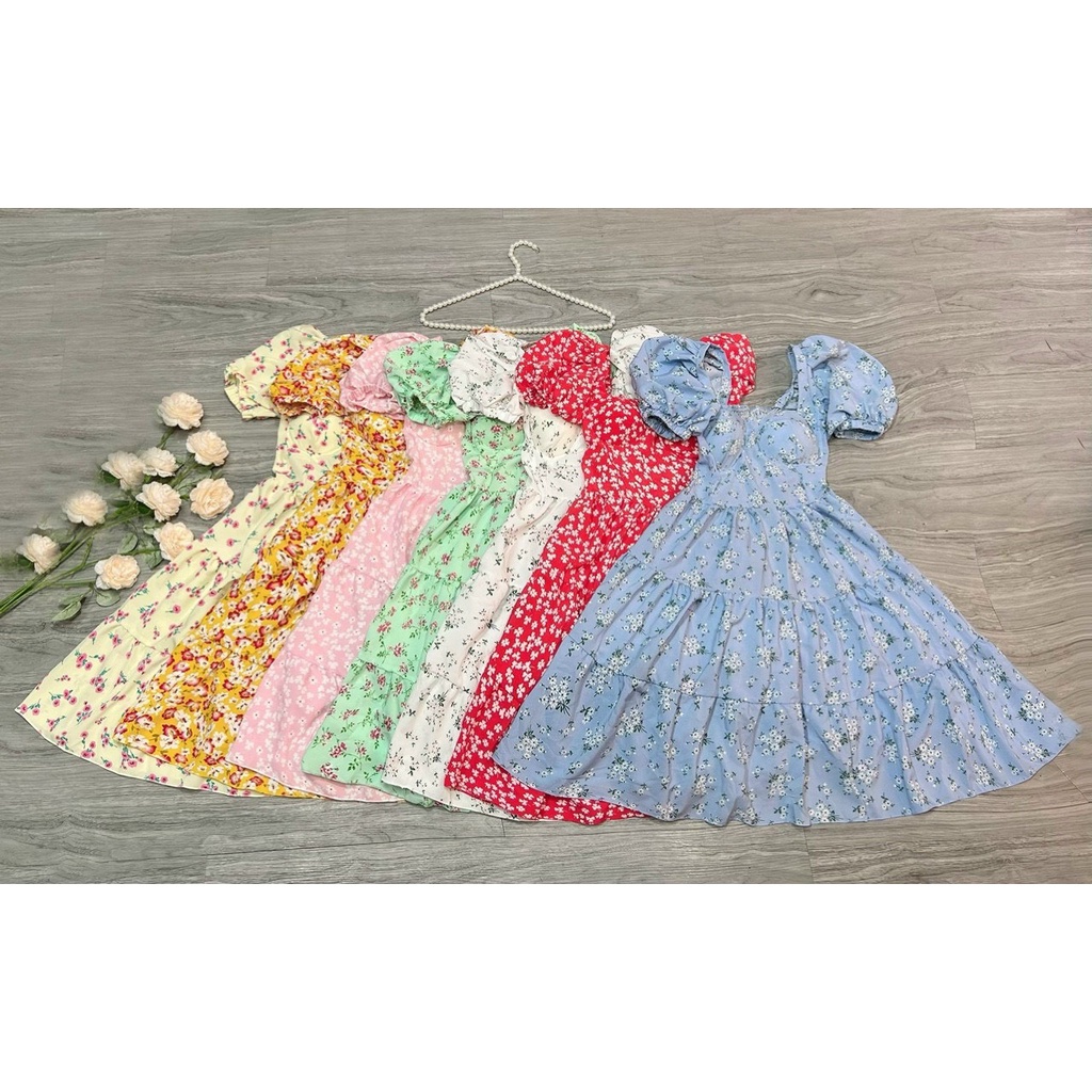 Váy suông hoa nhí tay bồng cổ vuông mút ngực siêu xinh bầu bì bon chen hình thật