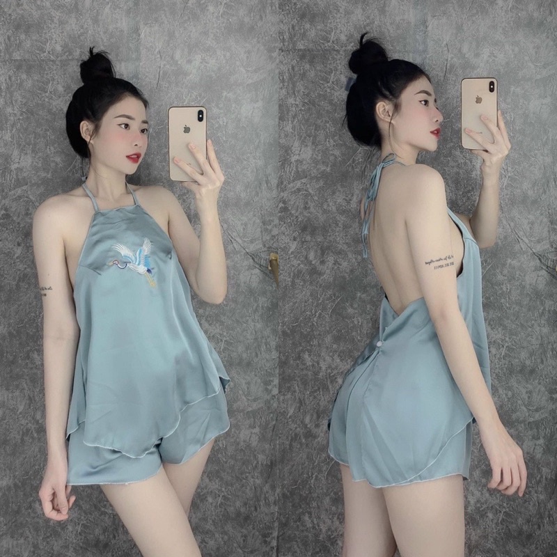 Đồ ngủ 2 dây sexy, Đồ ngủ áo yếm sexy thêu hạc chất satin mềm Freesize dưới 55kg