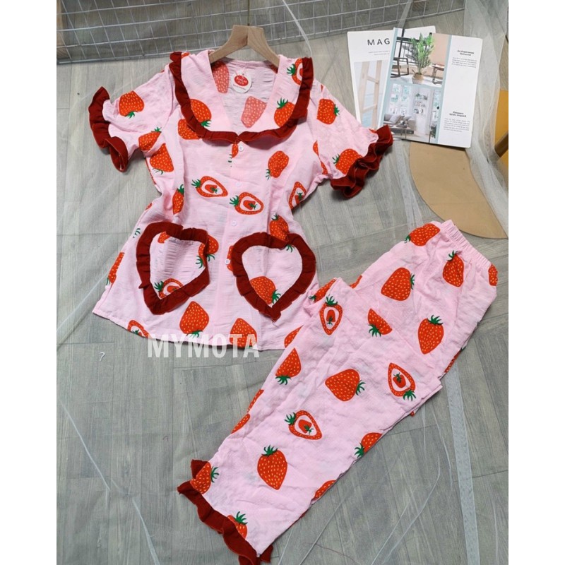 Đồ Bộ Pijama Trái dâu Mymota Bộ Ngủ Vải Xốp Tay Dài Tiểu Thư Cổ Nơ Dễ Thương M16