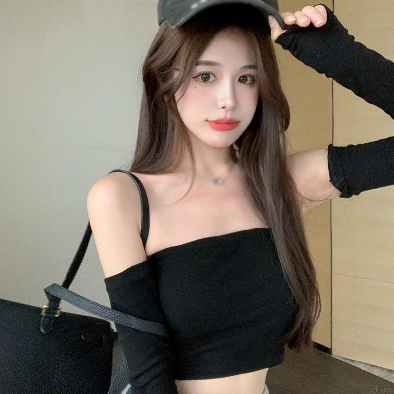 Áo crop top trễ vai màu sắc đơn giản quyến rũ cho nữ
