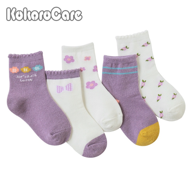 Set 5 đôi vớ bé gái KokoroCare MH-10 bằng cotton ống vừa S/M/L/XL họa tiết hoa tím dễ thương cho bé 1-12 tuổi