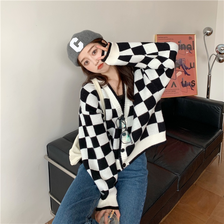 Áo khoác len cardigan tay dài cổ chữ V họa tiết sọc caro phong cách Hàn Quốc thời trang cho nữ 2 màu sắc | BigBuy360 - bigbuy360.vn