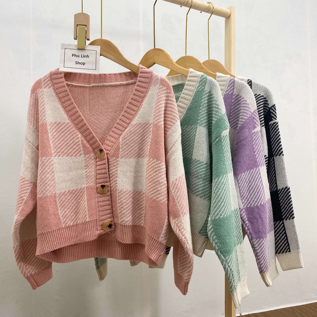 MS834 Áo khoác len kẻ caro viền trắng dáng vừa