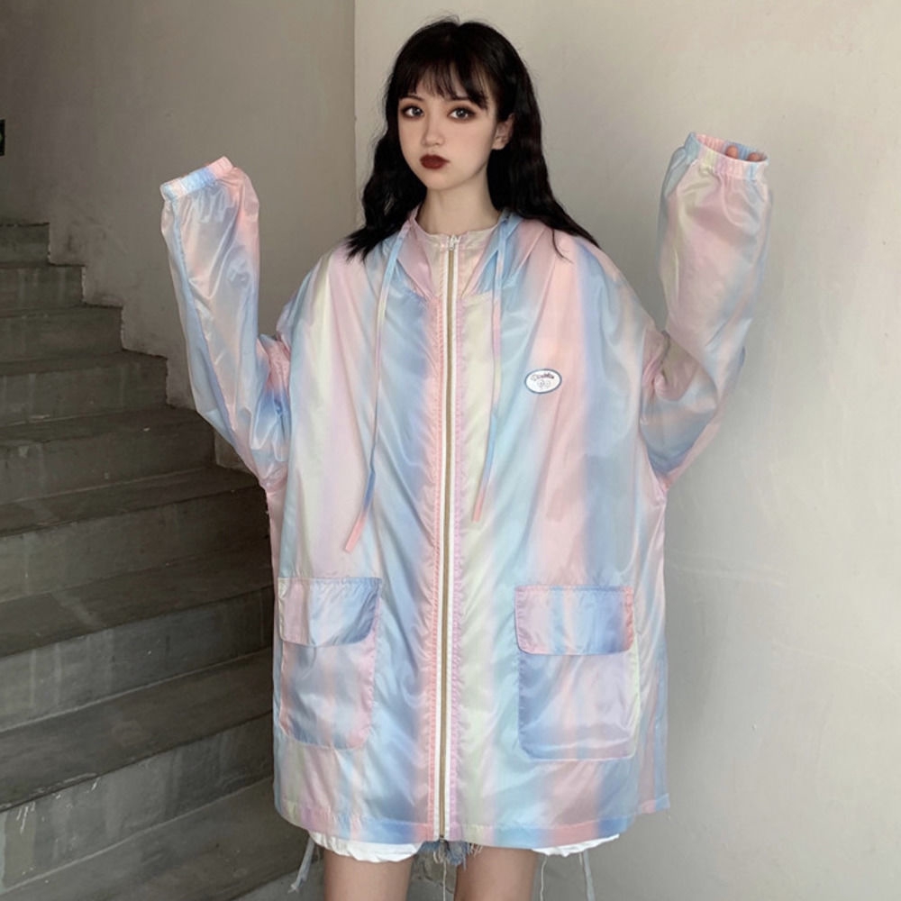 Áo Khoác Hoodie Chống Nắng Dáng Rộng Có Khóa Kéo Màu Sắc Cầu Vồng Phong Cách Hàn Quốc Cho Nữ