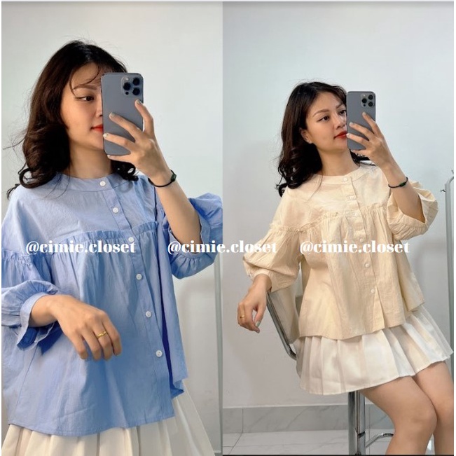 Áo sơ mi babydoll cổ tròn phối bèo tay lỡ tiểu thư xinh xắn QC