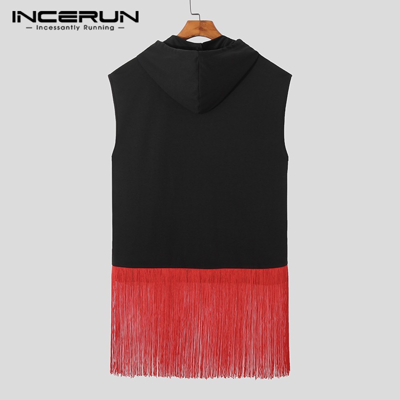 Áo hoodie INCERUN sát nách màu trơn tua rua thời trang cho nam