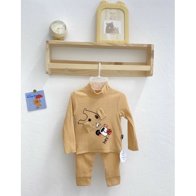 NT074 Đồ bộ dài tay thu đông Mimonri chất thun tăm dày dặn cổ cao 3 phân họa tiết tai thú cho bé