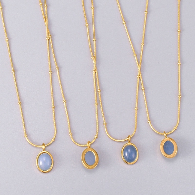 Dây Chuyền Mặt Đá Nhân Tạo Hình Oval Xanh Biển Titan Ko Đen TT 3903