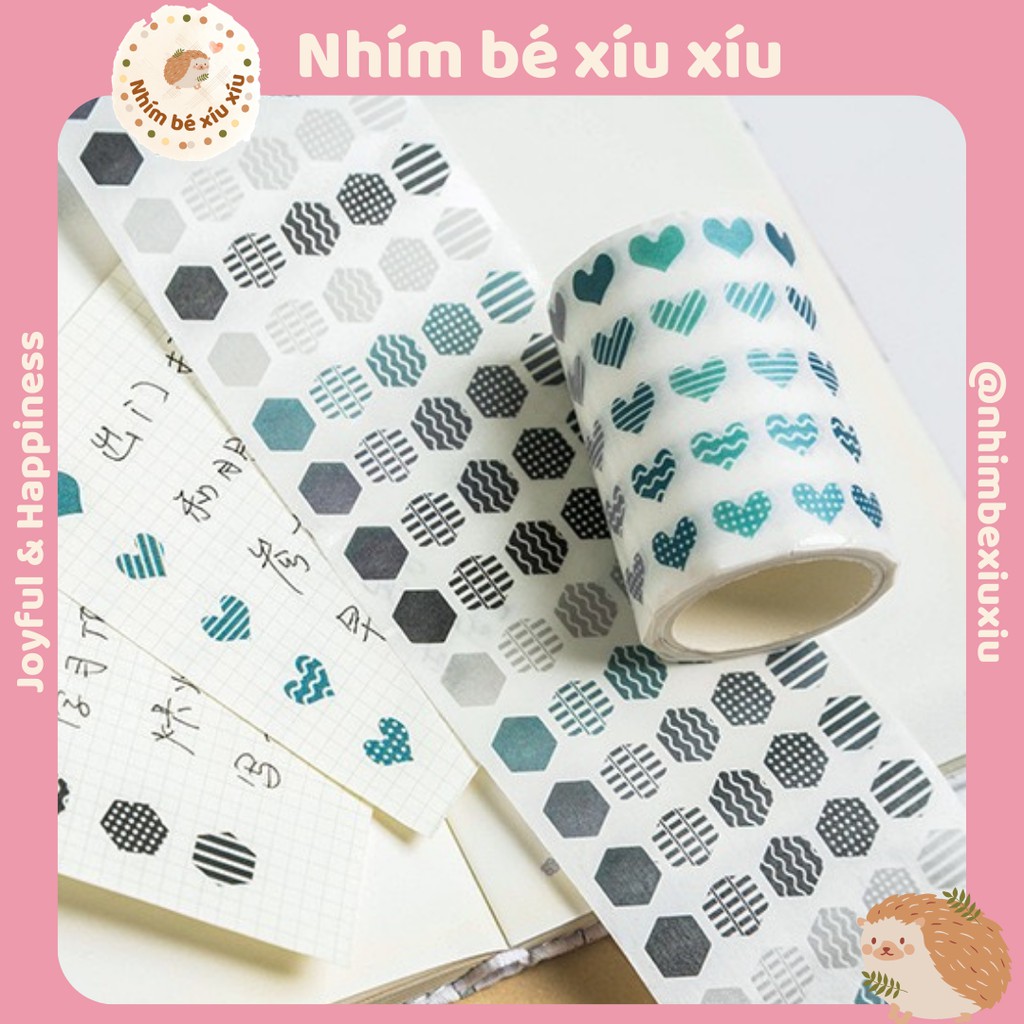 Cuộn sticker chấm tròn/hình khối/hoa/trái tim/thiên hà/bầu trời 12mm VT87