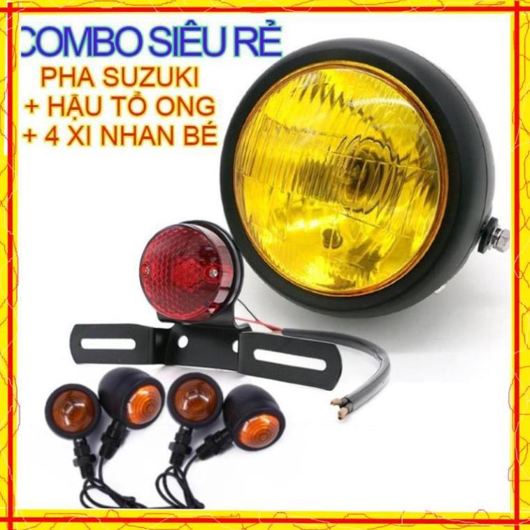 Combo đèn pha xe máy tròn 16cm kèm đèn hậu tổ ong và 4 xi nhan bé sài độ xe Cafe racer Win Gn125