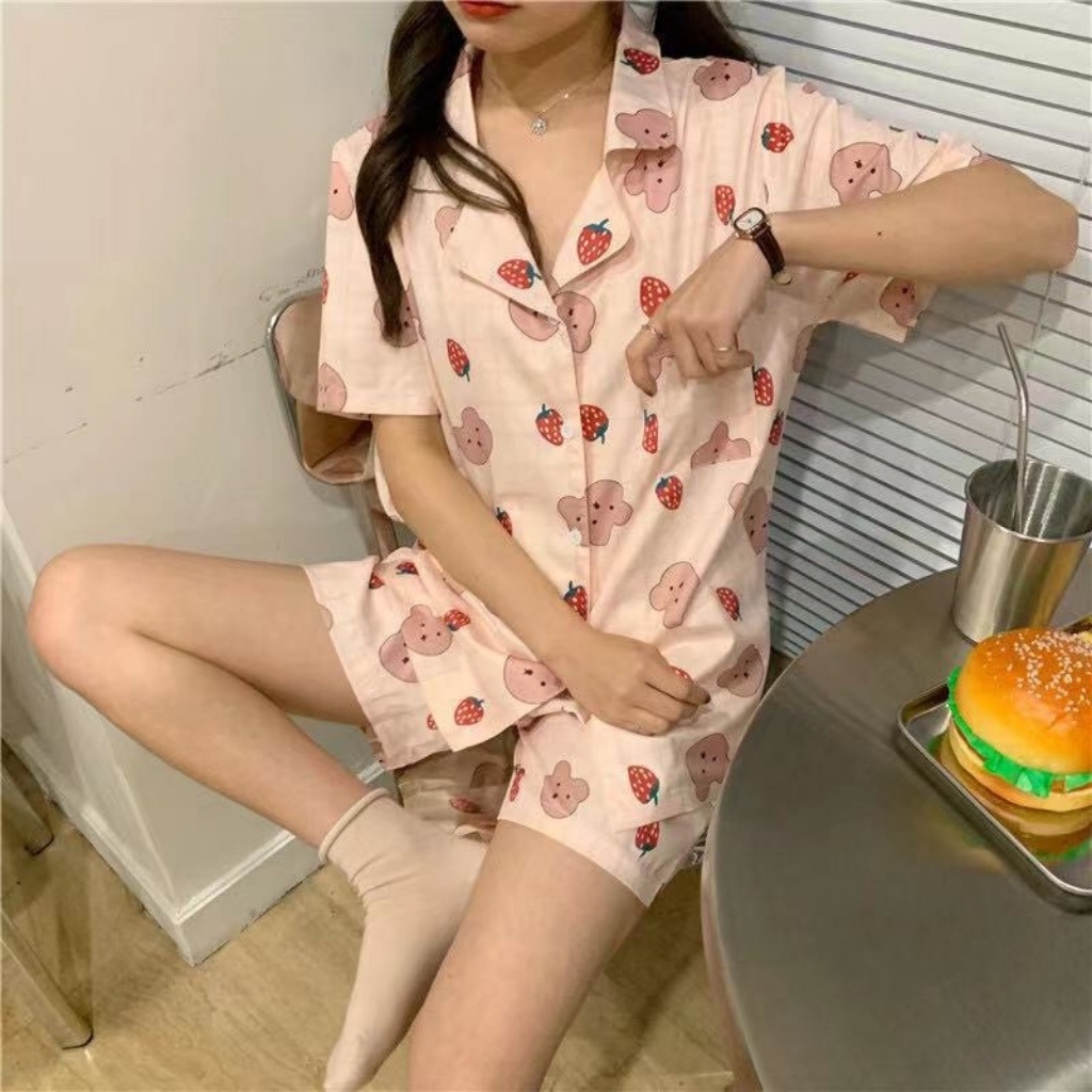 Bộ ngủ nữ Pijama  lụa ngắn tay hoạt hình ullazang mặc ở nhà mùa hè phong cách hàn quốc-BNN01
