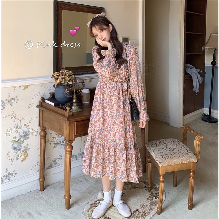 SUXI Đầm Voan Hoa Dáng Dài Phong Cách Vintage Thời Trang Thu Đông Dành Cho Nữ