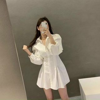 Đầm váy freesize trắng sơ mi xếp li eo