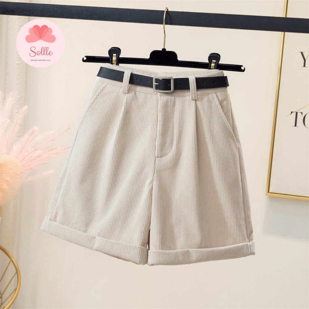 Quần short nữ dạ quần sooc đùi nhung tăm cạp cao kèm đai thắt lưng ấm đẹp Hàn Quốc Sollle