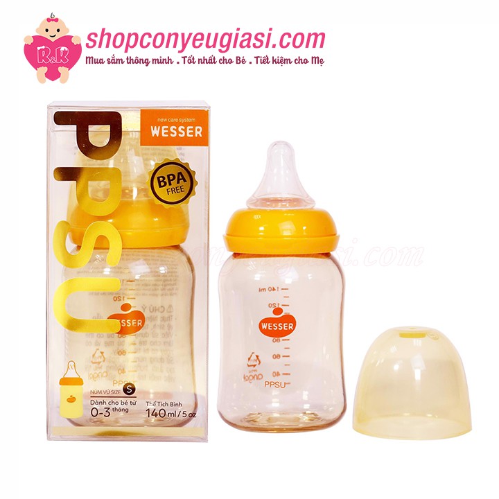 [Mẫu Mới] Bình Sữa Wesser PPSU Cổ Hẹp 140ml - Kèm Núm Ti Size S, 0-3m