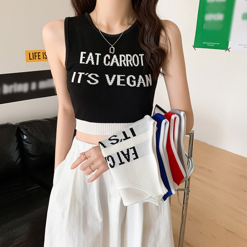 Xiangbao Áo Crop Top Dệt Kim Không Tay Phối Màu Tương Phản In Chữ S Tập Thể Dục Mùa Hè Cho Nữ