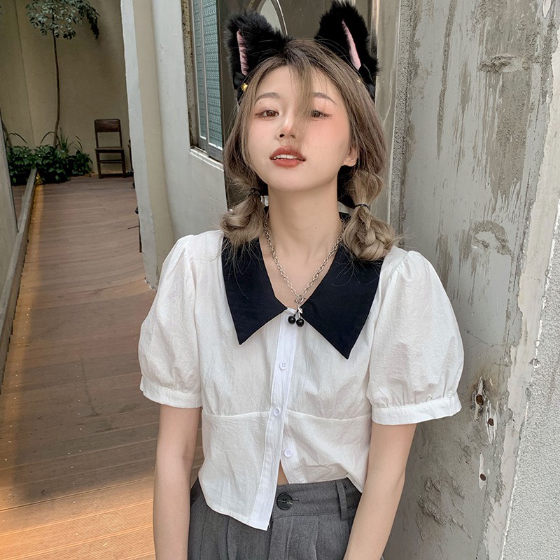 Áo Thun Crop Top Tay Ngắn Phồng Một Hàng Nút Cổ Bẻ Màu Sắc Ngọt Ngào Phong Cách Hàn Quốc Cho Nữ