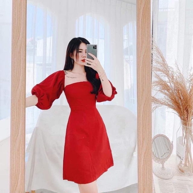 ĐẦM ĐỎ ĐÔ CÚP RỚT VAI TAY PHỒNG | có đệm ngực sẵn | | BigBuy360 - bigbuy360.vn