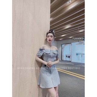 Đầm xòe jean nút kiểu trễ vai!