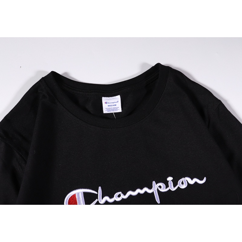 Áo thun cotton tay ngắn cổ tròn thêu chữ Champion phong cách cổ điển thời trang cho cặp đôi