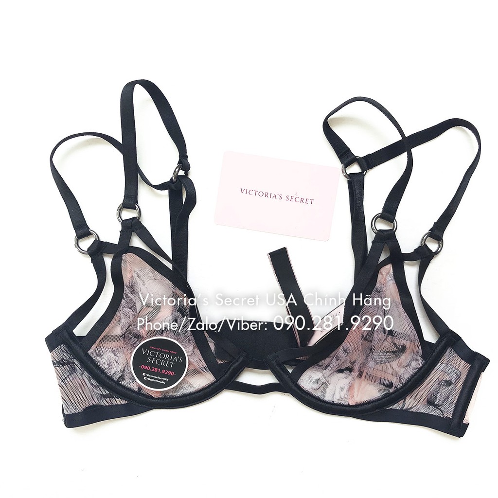 (Bill Mỹ - 32B/B70) - Áo lót đen lưới hồng, siêu sexy, gợi cảm (86) không mút, Floral Rose Tan - Victoria's Secret USA