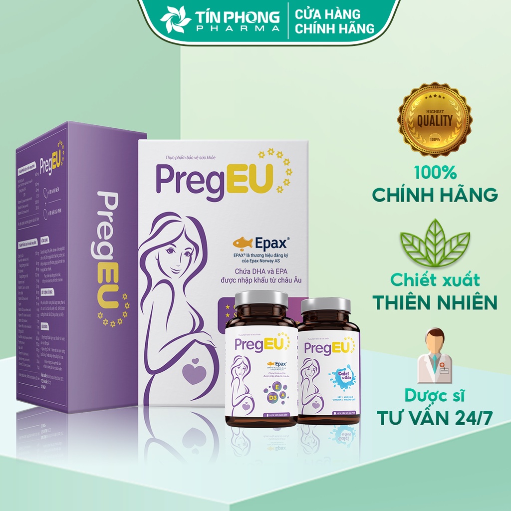 Vitamin Tổng Hợp Cho Bà Bầu PregEU Bổ sung DHA , Canxi & Vi Chất Cho Phụ Nữ Mang Thai Và Cho Con Bú 60 Viên/2 Lọ TTP036